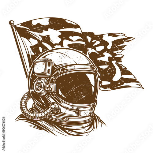 Vintage Grunge Astronaut helmet with flag  space exploration symbol  astronautics and space travel