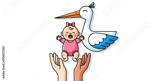 A cheerful stork delivers a baby into waiting hands a whimsical and heartwarming illustration silhouette high quality professional detailed modern elegant stylish