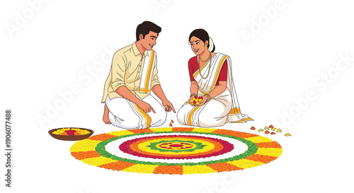 A traditional indian couple performs a puja ritual with colorful rangoli art before them silhouette high quality professional detailed modern elegant stylish