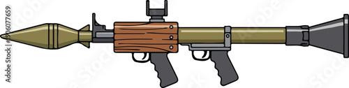 Modern rocket-propelled grenade launcher with dual grips and wooden heat shield, tactical flat vector illustration