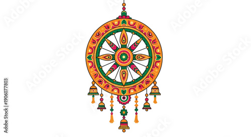 A vibrant colorful depiction of a dharma wheel with hanging bells and decorative elements silhouette high quality professional detailed modern elegant stylish