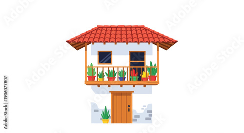 A charming mediterranean house with a balcony and potted plants depicted as a flat vector silhouette high quality professional detailed modern elegant
