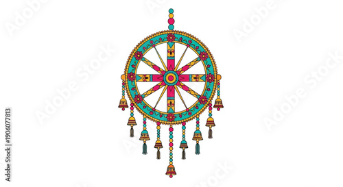 A vibrant dharmachakra wheel design richly colored with intricate patterns and dangling ornaments silhouette high quality professional detailed modern elegant stylish clean