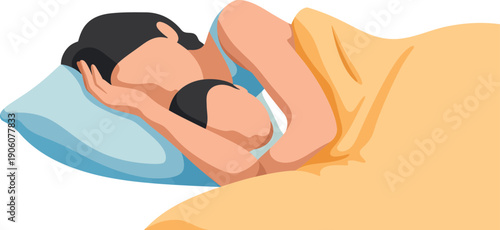 A woman sleeps peacefully on a pillow, covered with a yellow blanket.