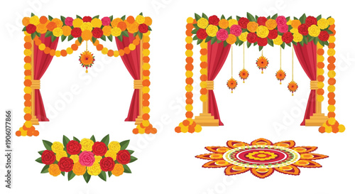 Colorful floral arrangements and decorative elements showcase traditional indian wedding decor featuring a striking silhouette high quality professional detailed modern elegant stylish