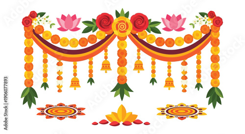 A vibrant indian floral garland decoration with hanging bells and rangoli designs a beautiful silhouette high quality professional detailed modern elegant stylish