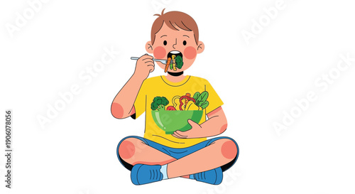A young boy with rosy cheeks enjoys a colorful bowl of healthy vegetable noodles illustration silhouette high quality professional detailed modern elegant