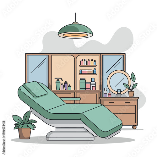 A serene spa treatment room with a green reclining chair and various beauty products on a wooden cabinet