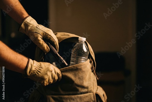 Person in gloves packing a flashlight and water into a backpack for a survival kit.
