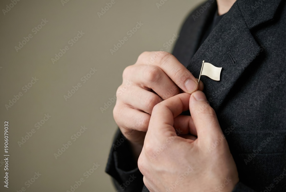 Fototapeta premium A person pinning a small, blank, flag-shaped pin mockup onto a jacket lapel.