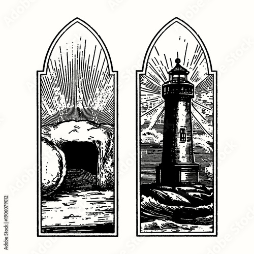 Diptyich illustration showing the empty tomb with a glowing light and a lighthouse on a stormy sea, symbolizing hope and guidance.