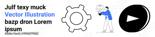 Business strategy, innovation, creativity, technology concepts, educational tools, user interface. Man holding a lightbulb, gear symbol and play button. Innovation and business strategy theme