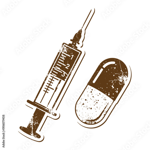 Vintage Grunge Grungy illustration of a syringe and a capsule on a clean white surface for medical or health concepts  medicine and healthcare symbols