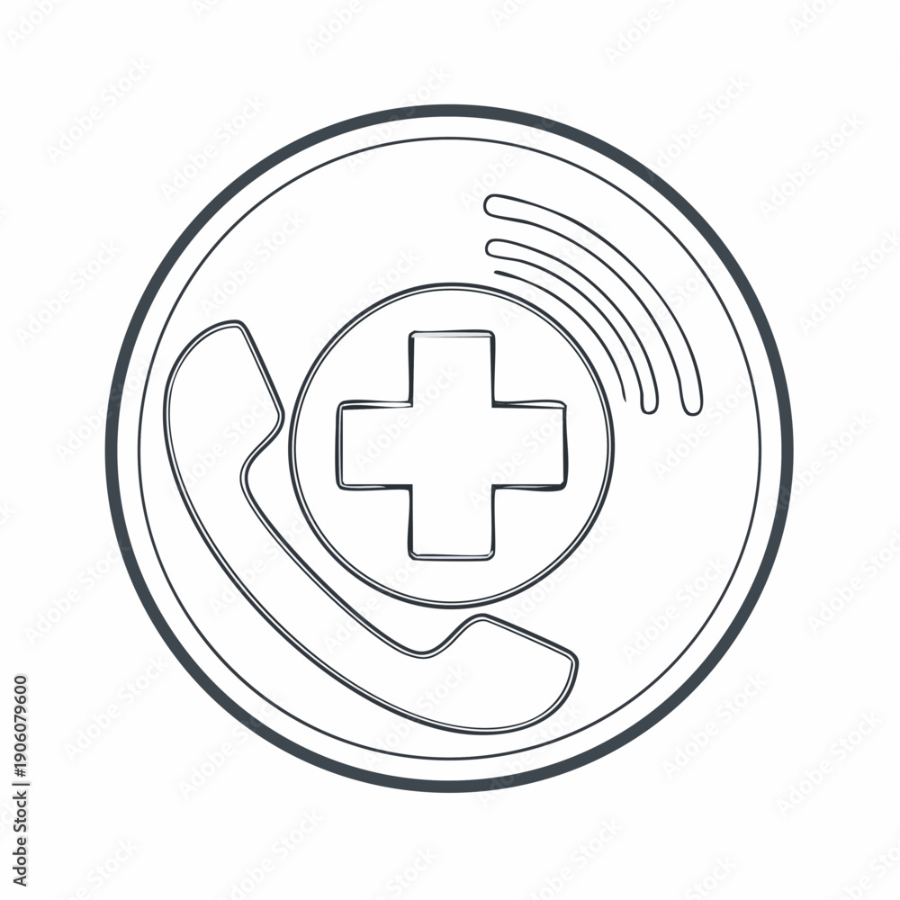 Obraz premium Outline icon of an emergency medical call with a telephone and a cross symbol.