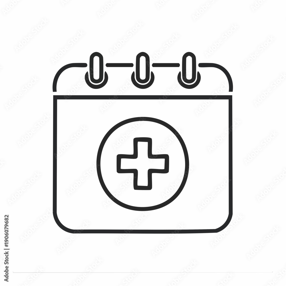Obraz premium Line art icon of a calendar with a medical cross, symbolizing health appointments or medical scheduling.