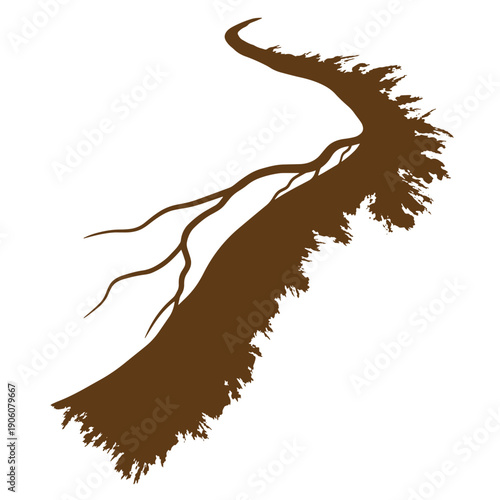 Grunge texture Brown tree branch silhouette with roots and frayed edges on white background Vintage Style