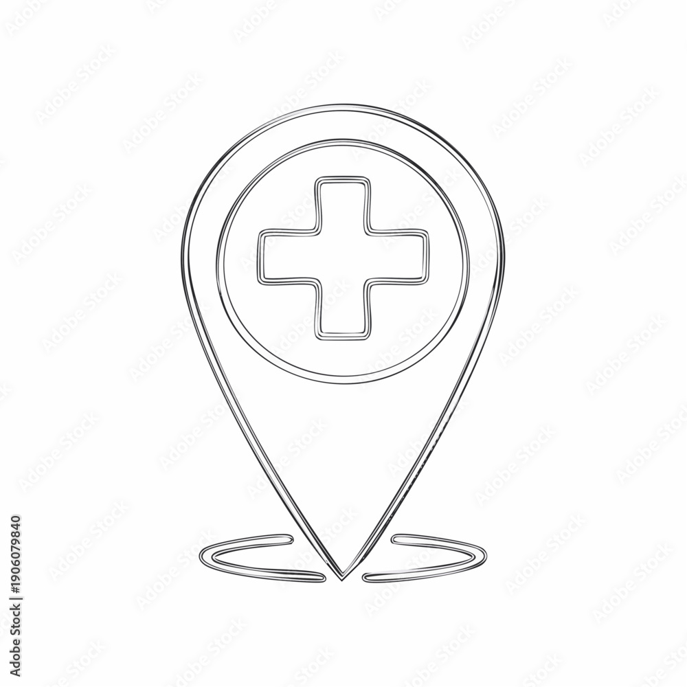 Obraz premium Line art drawing of a map pin icon with a medical cross symbol inside, representing a hospital or healthcare location.