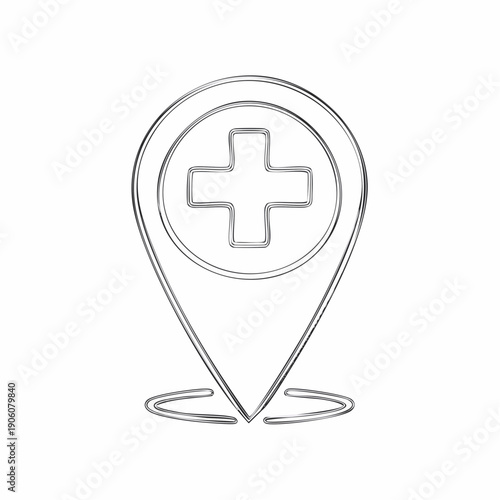 Line art drawing of a map pin icon with a medical cross symbol inside, representing a hospital or healthcare location.