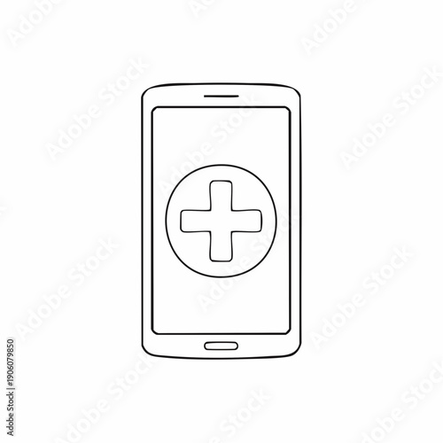 Outline drawing of a smartphone displaying a medical cross symbol on its screen, representing mobile health or first aid app.