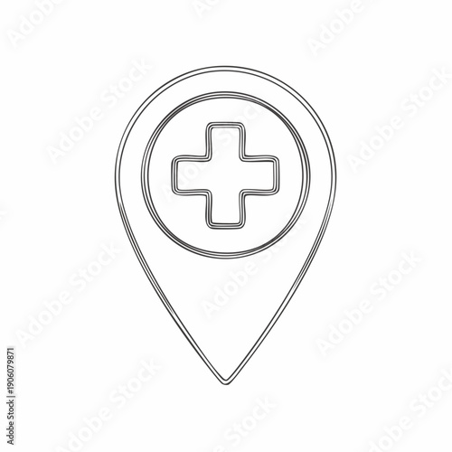 Outline drawing of a location pin icon with a medical cross symbol inside, representing a hospital or healthcare facility.