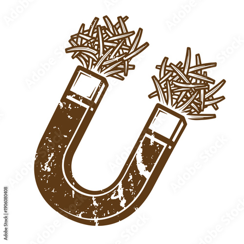 Vintage Grunge Illustration of a horseshoe magnet with metal shavings on its poles isolated on white background