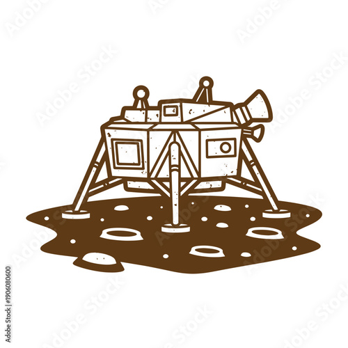 Vintage Grunge Illustration of a lunar lander spacecraft on the moon surface with landing gear and scientific instruments