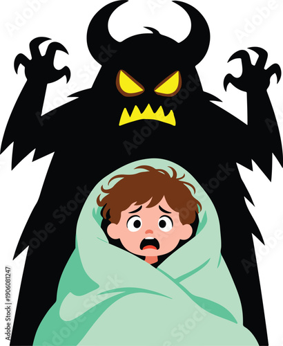 Terrified boy hiding under a blanket from a looming shadow monster, spooky flat vector illustration