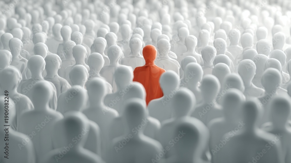 Obraz premium Orange figure standing out among crowded white mannequins.