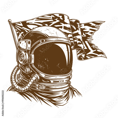 Vintage Grunge Vintage astronaut helmet with a flag on a white background  space exploration symbol