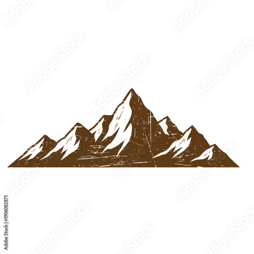 Grunge texture Snowy mountain range landscape with rugged peaks and white snow patches in brown silhouette on white background Vintage Style
