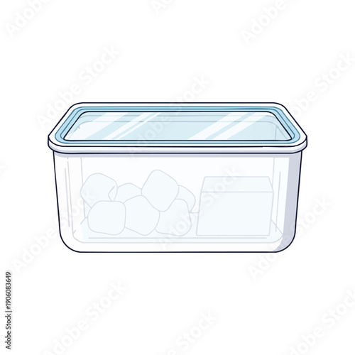 Transparent Container with Ice Cubes and Frozen Food