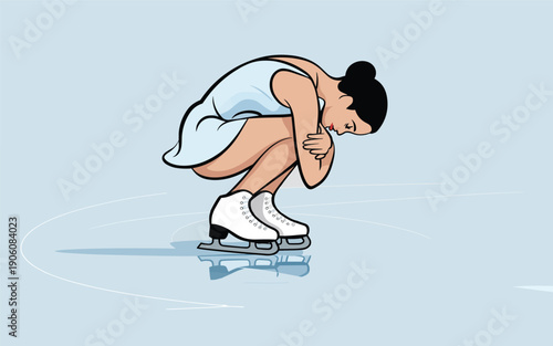 Female figure skater in a light blue dress performs a spiral move on ice, viewed from the side.