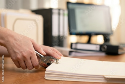 Office worker using a hole puncher on a stack of folders or documents to prepare for filing.