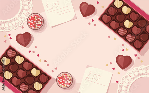 Valentines day celebration with chocolates, hearts, and love letters on a pink background viewed from above