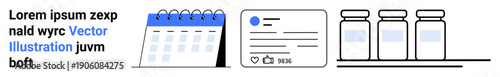 Healthcare planning, vaccination schedules, medication reminders, pharmaceutical services, digital communication, modern healthcare. Calendar, social media post bottles on a shelf. Vaccination