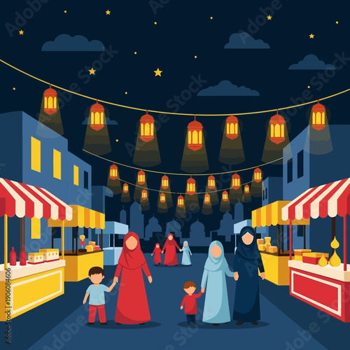 Nighttime illustration of a vibrant cultural market scene with people shopping under festive lanterns and stalls