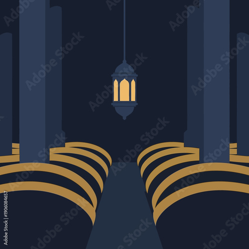 A serene mosque interior viewed from the aisle with pews and a hanging lantern