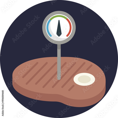 Indicates checking the internal temperature of meat to ensure it is cooked safely and meets food safety standards.