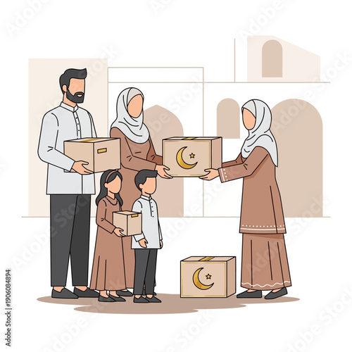 Family donating charity boxes to a recipient during a community event