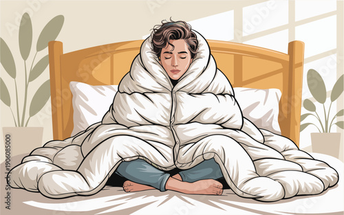 Woman wrapped in a blanket sitting comfortably on a bed in a cozy room with plants nearby