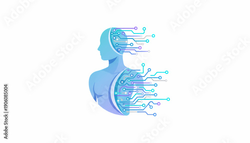 Digital human head with circuit board and wires.
