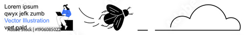 Remote work, productivity, humor, distractions, online tasks, lighthearted visuals. A worker typing on a laptop, a fly zooming past and a simple cloud design. Remote work and productivity