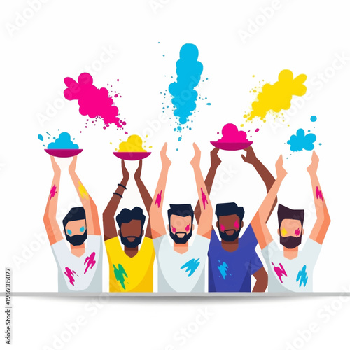 Group of people celebrating festival with colorful powder, illustration of joyful crowd, vibrant colors, cultural event, happy faces