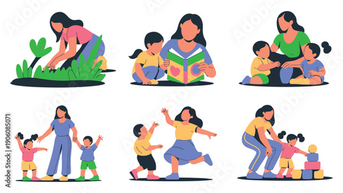 A woman spends quality time with children, engaging in various activities such as gardening, reading, and playing together.