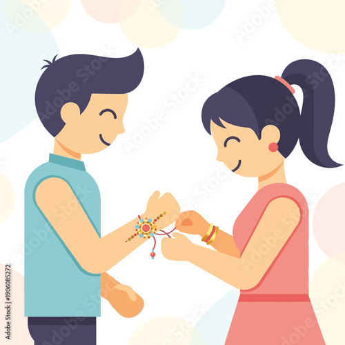 A boy and girl tying traditional rakhi bracelets together in a friendly gesture