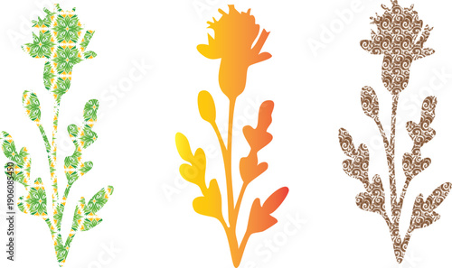 Vector silhouettes of autumn trees and floral plants in orange and yellow colors create a seasonal nature illustration for fall forest design.
