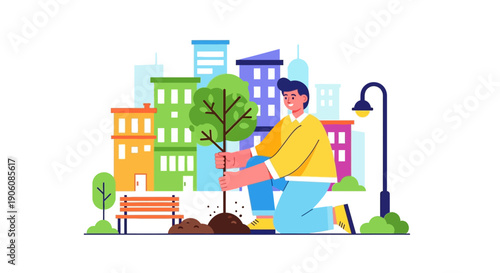 Man planting a tree in the city with buildings and a street lamp in the background
