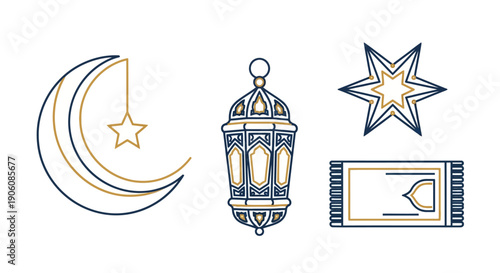 Celebrating Ramadan with crescent moon, lantern, and prayer mat illustrations in a serene environment