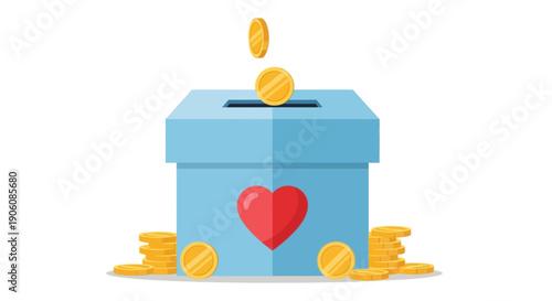 Coins being donated into a charity box with a heart symbol surrounded by scattered currency