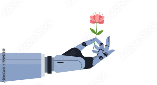 A robotic hand gently holds a delicate pink rose in its metallic fingers, showcasing technology and fragility together
